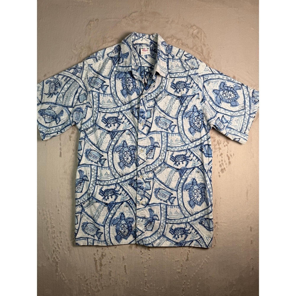 Go Barefoot Button‎ Up Shirt Mens XL Blue Sea Turtle Crab Hawaiian Great Cotton